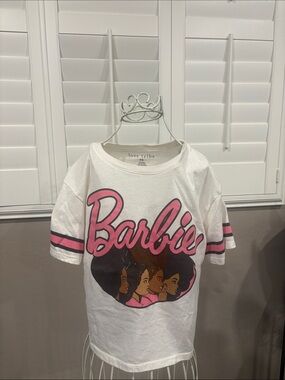 Love Tribe White Tee with Pink Barbie Script and Graphic